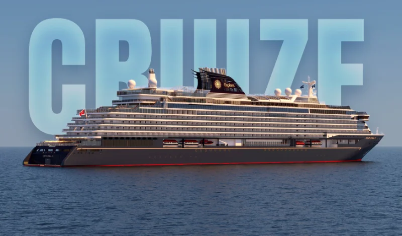 Travel poster with giant CRUISE text layered behind the photo subject