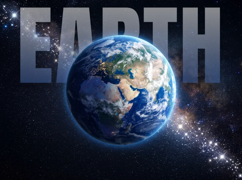 Earth poster with EARTH typography behind the subject — depth text effect